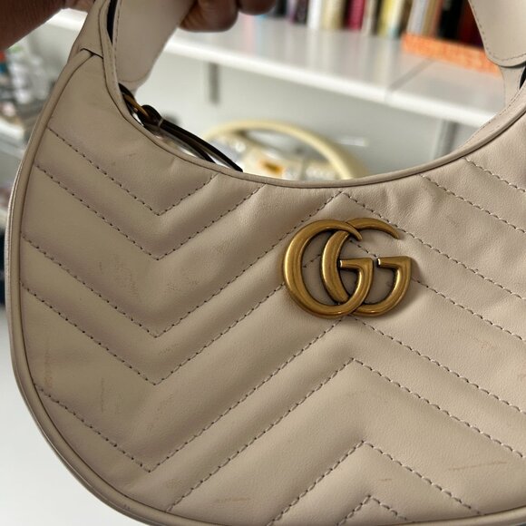 AUTHENTIC Gucci Mini GG Marmont Half Moon Bag White Calf Leather Satchel - Picture 8 of 8